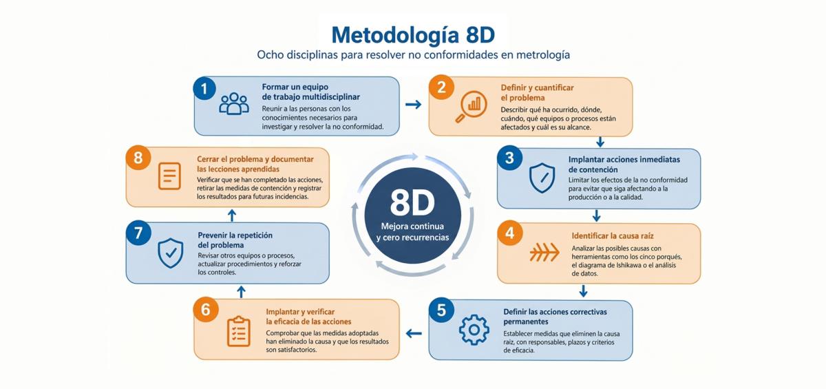 Diagrama de las ocho disciplinas de la metodología 8D para resolver no conformidades en metrología, desde la formación del equipo hasta la prevención de recurrencias.